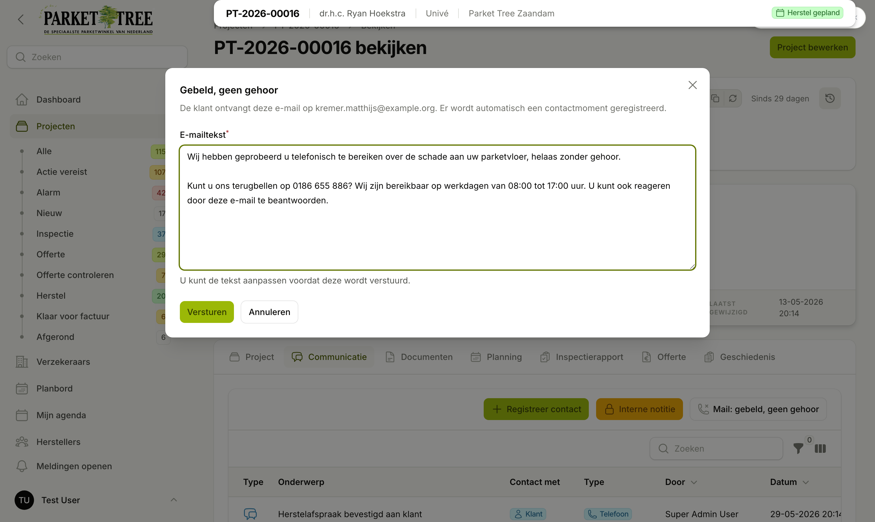 Modal voor de mail gebeld, geen gehoor met vooraf ingevulde e-mailtekst