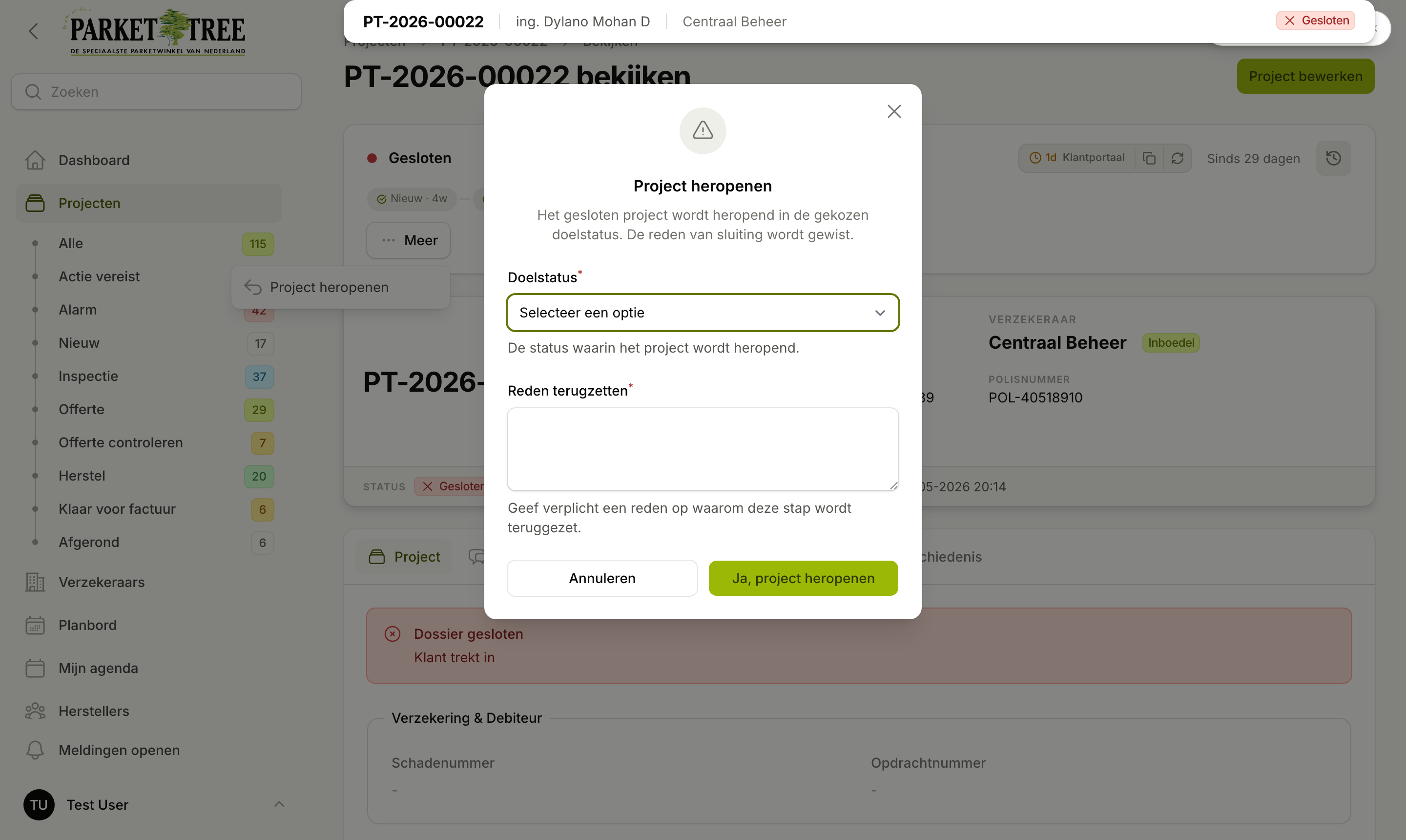 Modal Project heropenen met doelstatus en verplichte reden